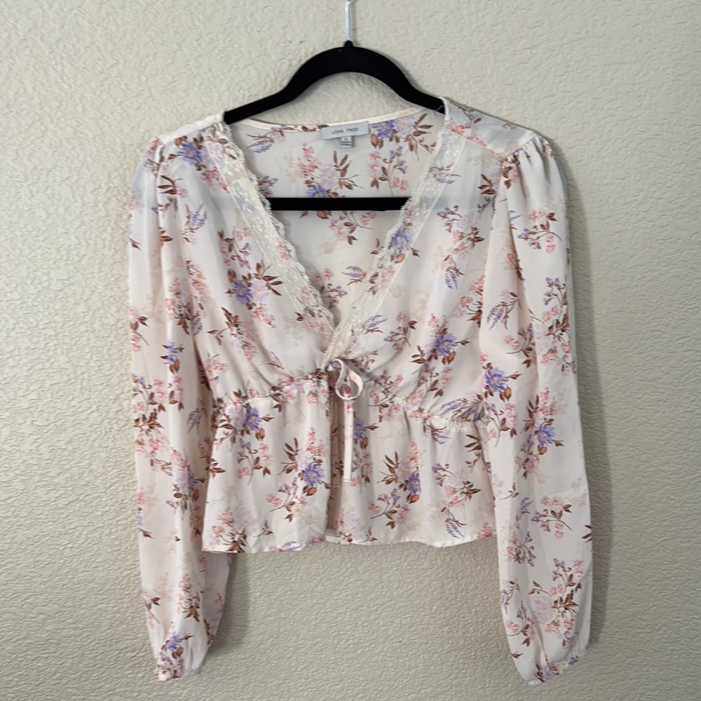 Love Tree White and Pink Long Sleeve Tie Front Peplum Blouse